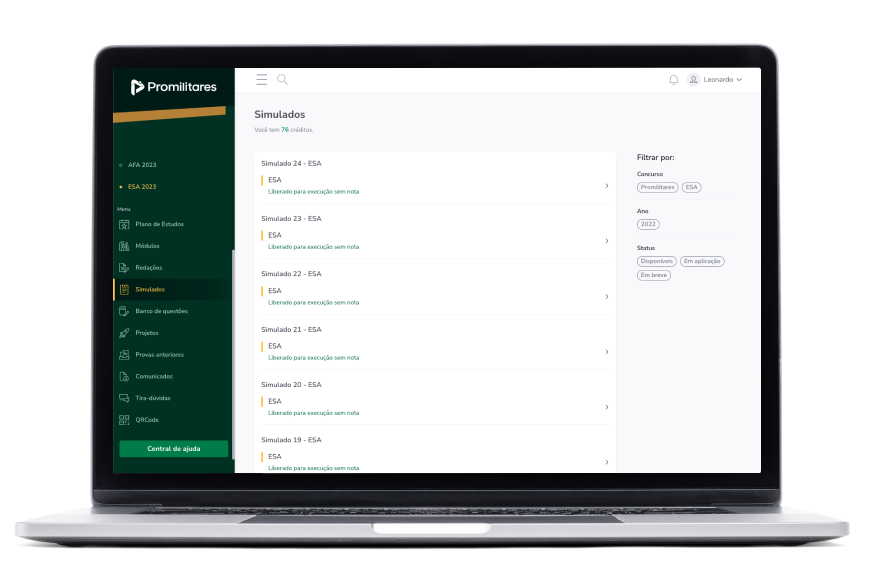 Tela da aba simulados