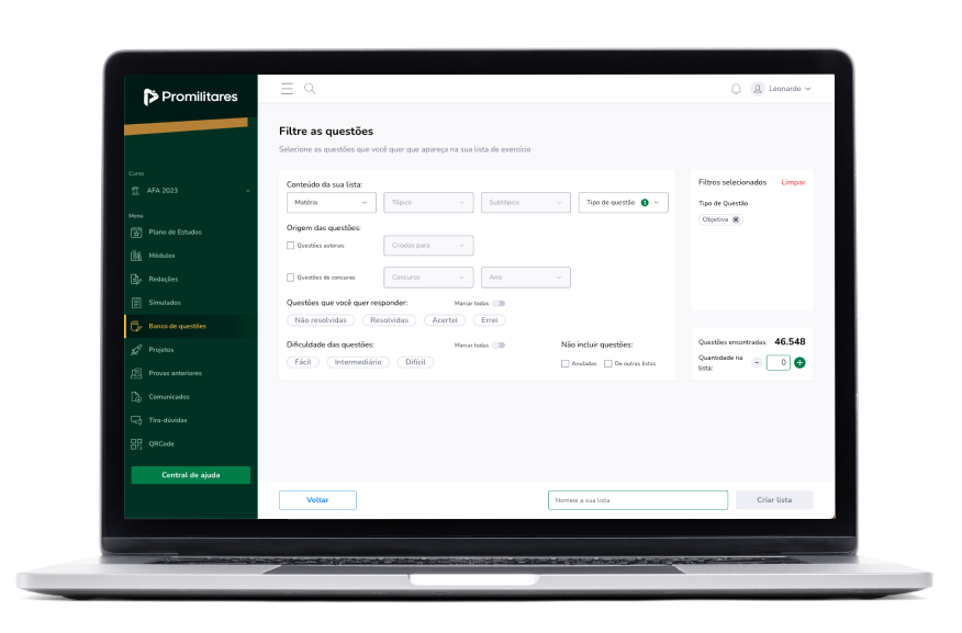 Tela da aba exercícios