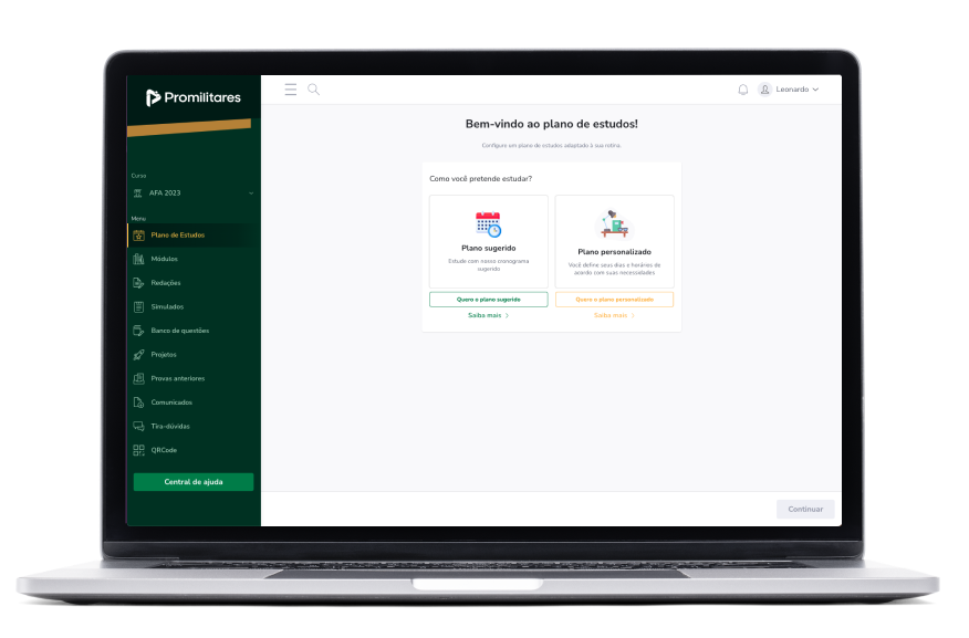 Tela do plano de estudos