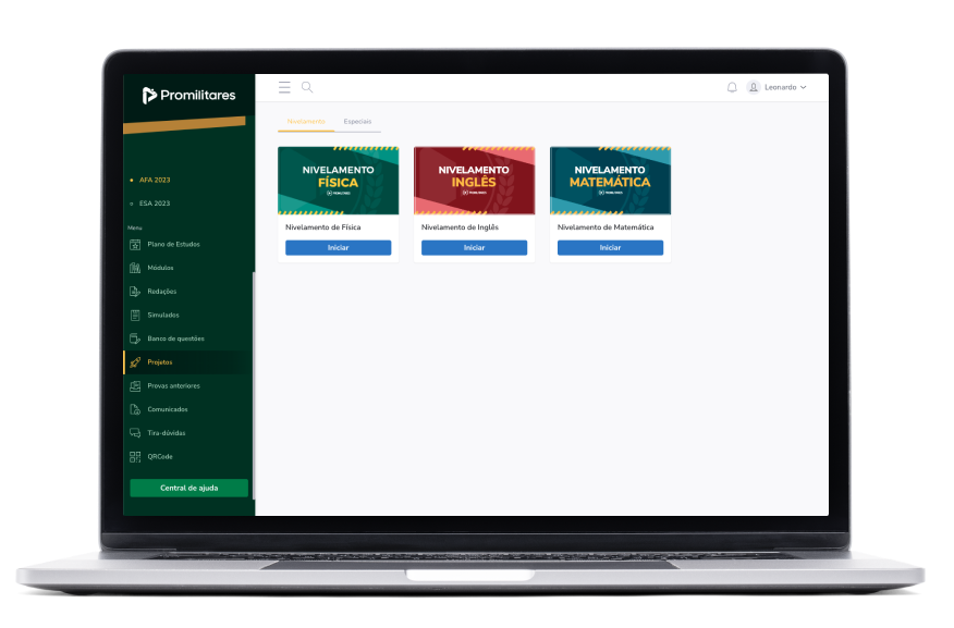 Tela da aba projetos