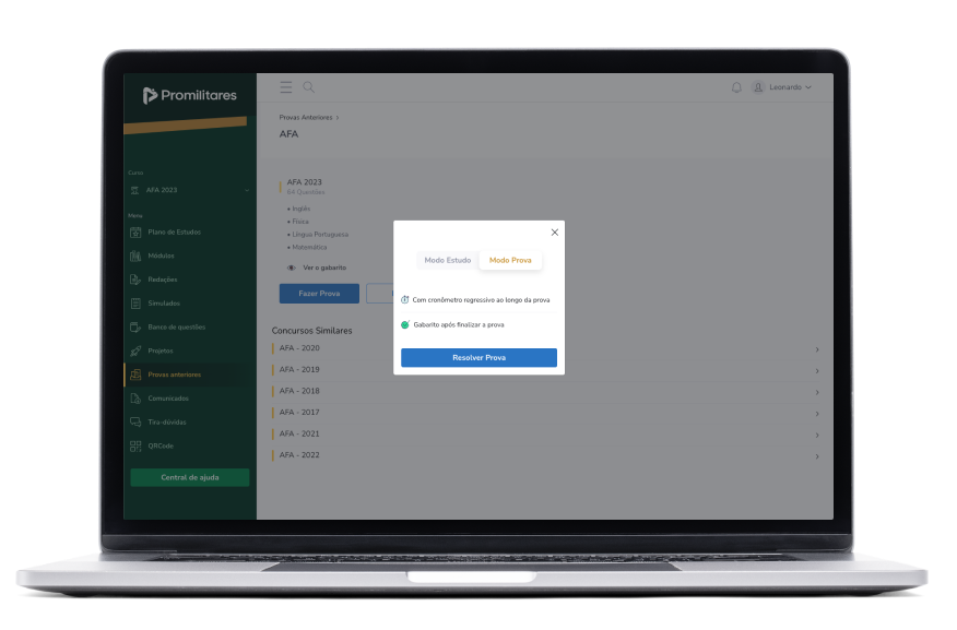 Tela da aba provas anteriores